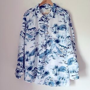 Cynthia Rowley Novelty Print The Amalfi Coast Italy Linen Pullover Blouse Travel